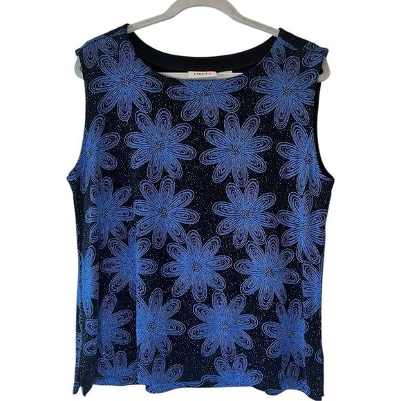 Vintage Chico’s Black & Blue Sleeveless Floral Sparkle Pullover Top Chico’s Sz 3 - Picture 1 of 5